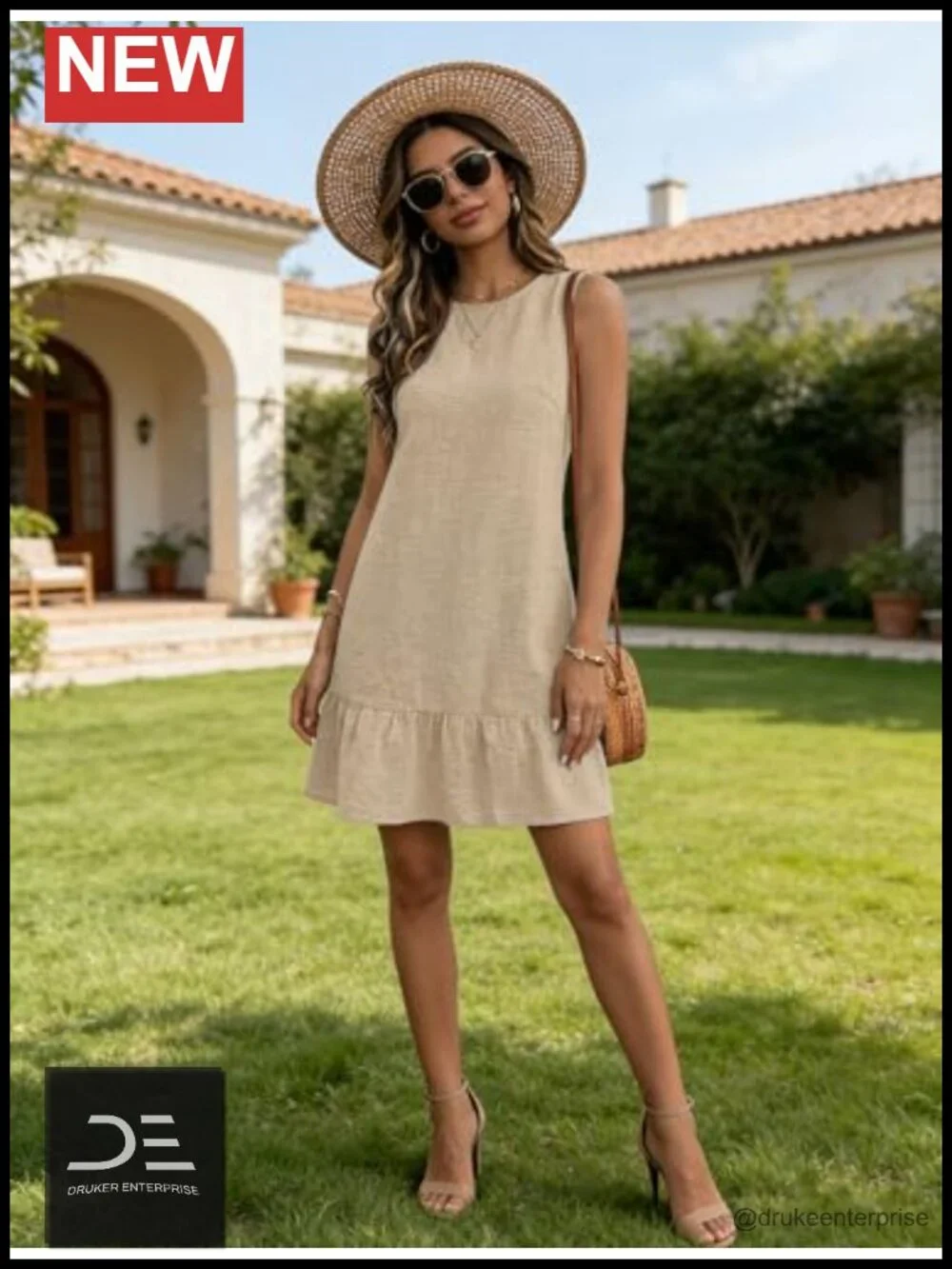 Womens Casual Summer Dress Tie Back Crew Neck Sleeveless Tank Mini Dress Ruffle